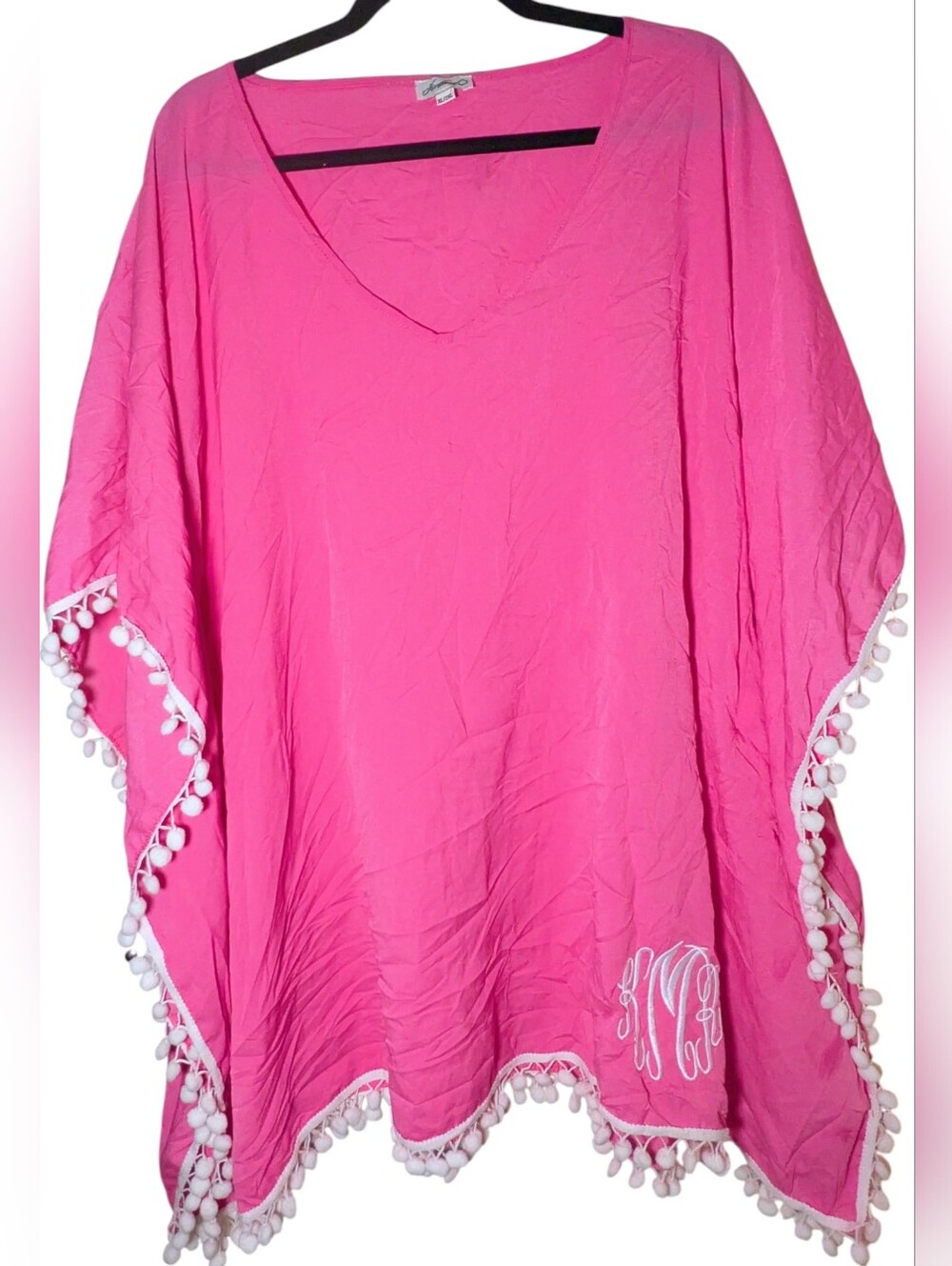 Jordann Hot Pink Pom Pom Trim Poncho Cover Up Monogram XL/2XL EUC